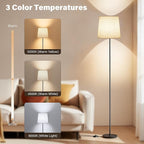 Floor Lamp with Linen Shade - 62" Tall LED Standing Lamp with Foot Switch, 3 Color Temps, 9W E26 Bulb Included, Black Floor Reading Light Corner Lamp for Living Room Bedroom Office Dorm
