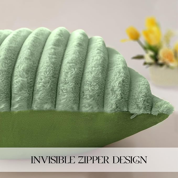 MOSAYT Spring Faux Fur Throw Pillow Covers 20x20, Set of 2, Plush Velvet Soft Pillow Case,Fluffy Striped Decorative Couch Pillow Covers for Sofa, Bedroom, Living Room(Sage Green)