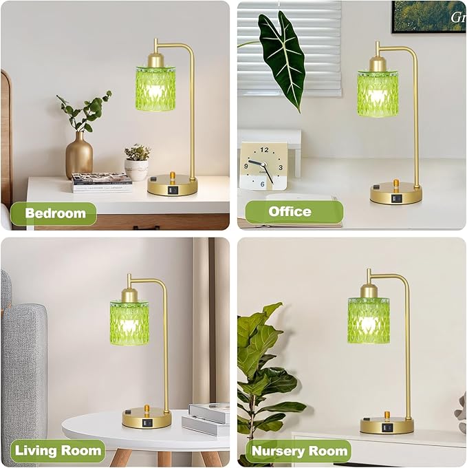 Green Table Lamp with USB Port and Outlet Set of 2, Glass Bedside Table Lamp for Bedroom, Retro Desk Lamps for Home Office, Mid Century Modern Small Night Stand Lamps, Gold Rustic Desk Light