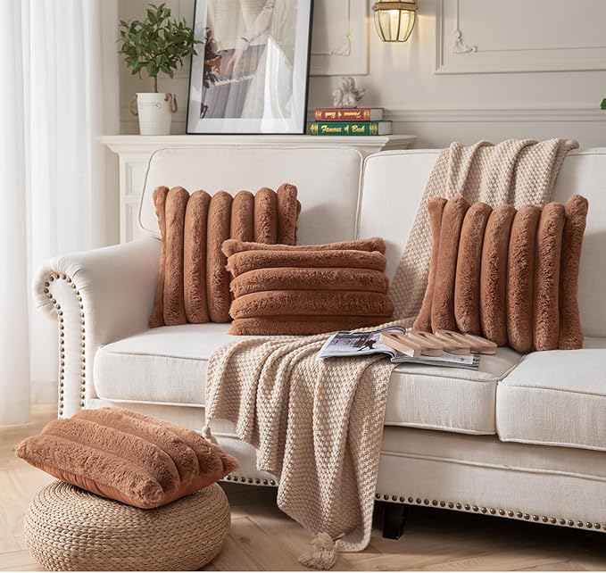 Faux Fur Plush Throw Pillow Covers 20x20 Inch Set of 2 - Luxury Decorative Fuzzy Striped Soft Cozy Pillowcase for Couch, Sofa, Living Room（Brown）