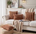 Faux Fur Plush Throw Pillow Covers 24x24 Inch Set of 2 - Luxury Decorative Fuzzy Striped Soft Cozy Pillowcase for Couch, Sofa, Living Room - Brown