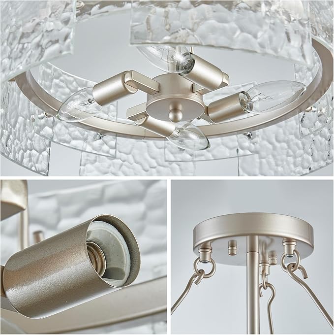 XINGQI Drum Ceiling Lights for Dining Room 4-Light Modern Farmhouse Water Ripple Glass Sliver Ceiling Lighting Fixture 15.7" Bedroom Living Room Hallway Entryway