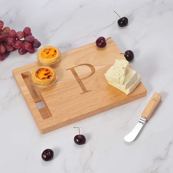Miicol Wood Charcuterie Board, Monogram Cheese Board 10 Inch, Personalized Initial Cutting Board with Spreader, Unique Housewarming Gift, Ideal for Kitchen, Home, Letter P