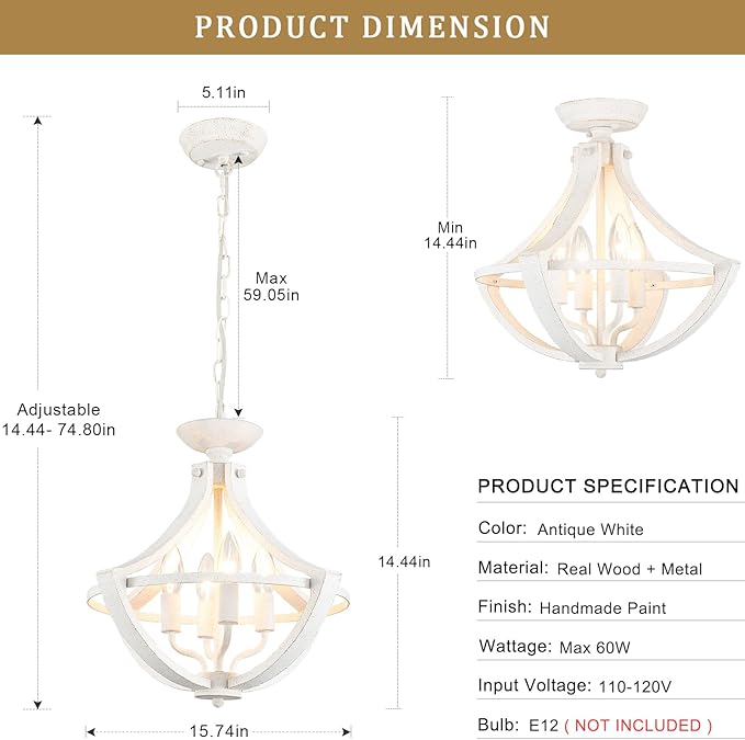 4-Lights French Country Chandelier Farmhouse Chandeliers Handmade Semi Flush Mount Ceiling Light Fixture Wood Pendant Light White Chandeliers for Entryway Foyer Hallway Kitchen Dining Room