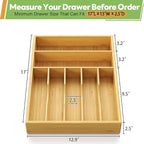 Bamboo Kitchen Silverware Drawer Organizer - 13 Inch Utensil Tray with 7 Slots and Deep Grooved Dividers for Flatware Cutlery Knives, Forks, Spoons - Kitchen Utensil Holder