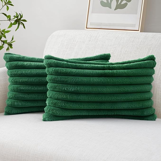 MIULEE Faux Fur Christmas Decorative Throw Pillow Covers 12x20 Inch Set of 2, Modern Spring Home Decor Soft Plush Couch Pillows Cozy Fluffy Cushion Covers for Sofa Bed Dark Green