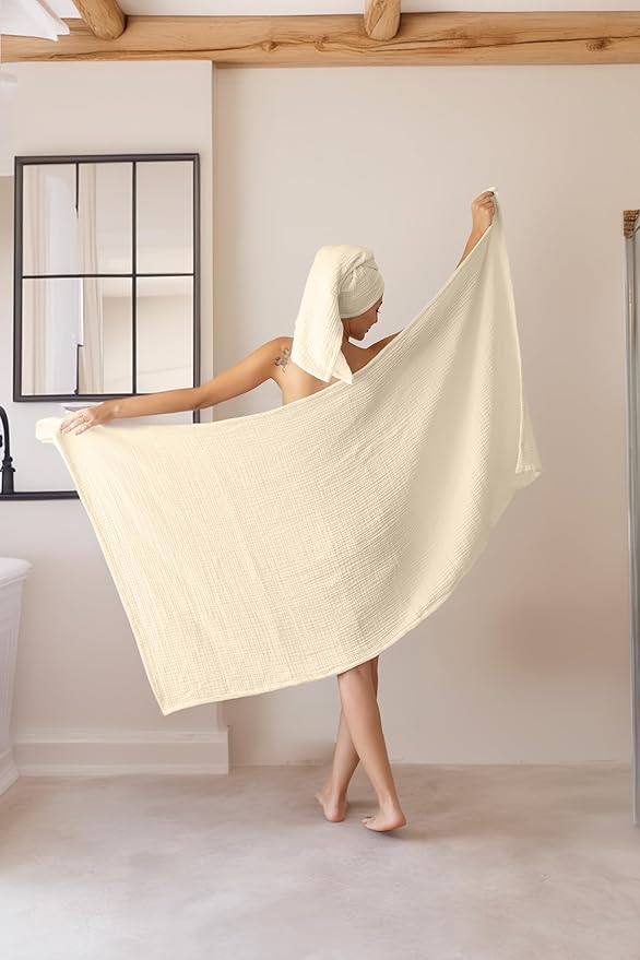 Muslin Bath Towels Pack of 2-32"x67" Inch Large Size, 100% Turkish Cotton, Thin, Soft, Quick-Dry, Lint-Free, Muslin Bathroom Towels (Natural, Pack of 2 Bath Towels)
