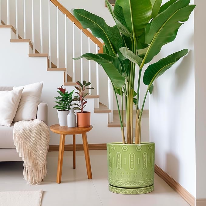 Ceramic Planter - 12 Inch Pots for Plants Indoor Outdoor, Round Large Flower Pots with Drainage Hole and Saucer, Decorative Boho Planter, Home Office Decor, Plant Lover Gifts, Green