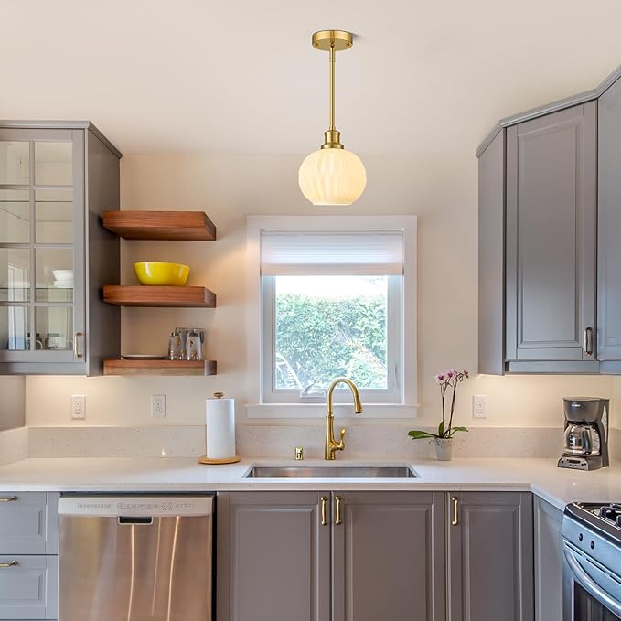 Brushed Gold Pendant Lights Kitchen Island 2 Pack, 7.3" Milk Glass Modern Pendant Light Fixtures with Rods, Globe Hanging Lighting for Kitchen Sink Bathroom Dining Room, E26 Base