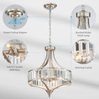 XINGQI Round Crystal Chandeliers for Dining Room Modern 4-Light Rustic Farmhouse Light Fixture Brushed Nickel Pendant Lighting for Living Room Kitchen Island Bedroom