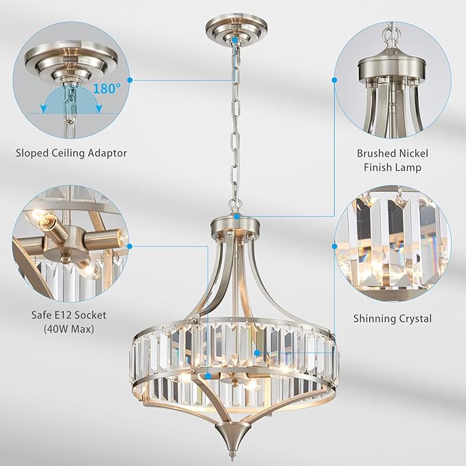 XINGQI Round Crystal Chandeliers for Dining Room Modern 4-Light Rustic Farmhouse Light Fixture Brushed Nickel Pendant Lighting for Living Room Kitchen Island Bedroom