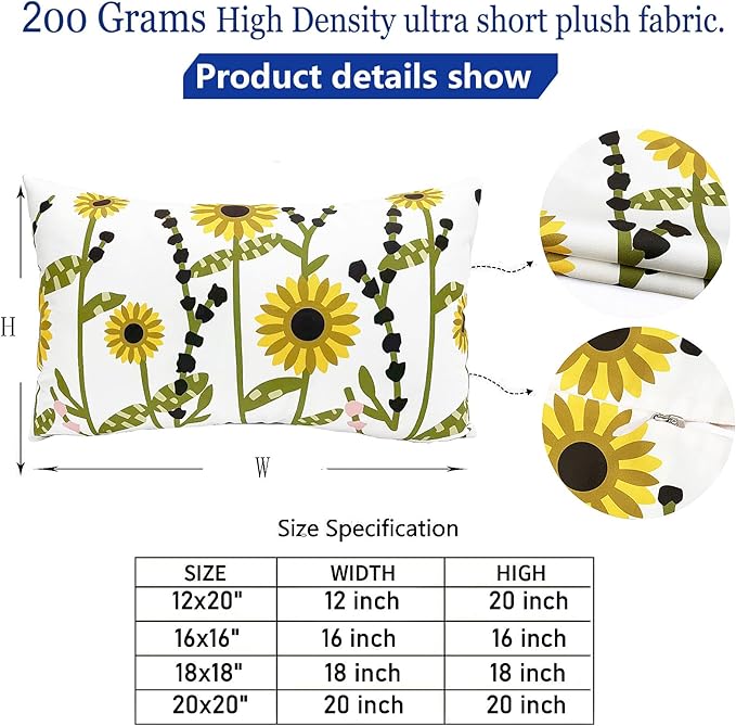 Decorative Throw Pillow Covers Set of 2 Sunflower Pillow Covers 12x20 inch Super Soft Short Plush Floral Square Throw Pillows,Farmhouse Outdoor Pillow Covers for Couch Sofa Bed Living Room