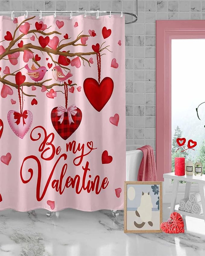 Vandarllin Pink Valentine's Day Shower Curtain, Red Love Heart Tree Shower Curtains Set with Hooks, Be My Valentine Waterproof Fabric Bathroom Curtains Decor Home Accessories,72 X 84 Inch Extra Long