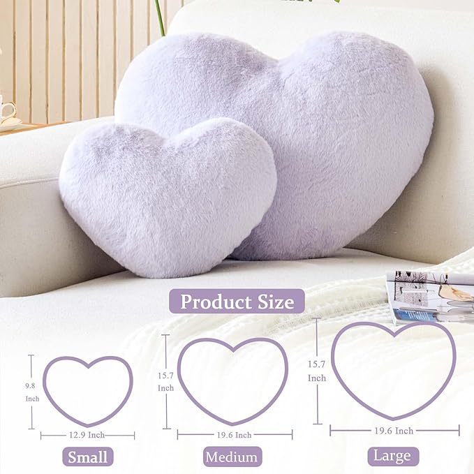 Lavender Heart Pillows, Cute Heart Decorative Pillow, Heart Shaped Throw Pillows for Bed, Faux Rabbit Fur Plush Hoom Decor Pillow Cushion for Chair Sofa Living Room (Large-19.6"x15.7")