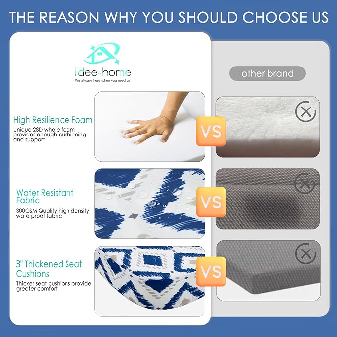 idee-home Outdoor Chair Cushions Set of 4, Thick 17" x 17" x 3" Outdoor Seat Cushions Patio Furniture Waterproof with Ties, Dining Pads