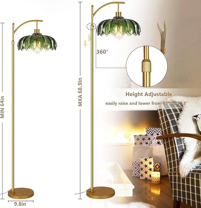 Gold Floor Lamp for Living Room,Bedroom,Mid Century Modern Standing Lamp with Remote,Dimmable Brass Tall Lamp Green Glass Lamp Vintage Retro Arc Floor Lamps Flower Floor Light Boho Bohemian
