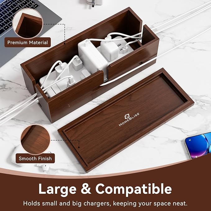 Large Cable Management Box-Stylish Wire Organizer, Wire Concealer and Wire Management Box-Wire Management Box with Protective Sleeve (Black)