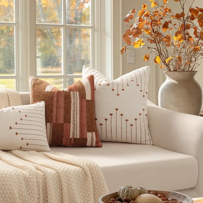 YCOLL Boho Throw Pillow Covers 16x16 Set of 2 Neutral Woven Decorative Pillowcases Cotton Tufted Couch Pillows Modern Farmhouse Accent Cushion Covers for Sofa Couch Bed Living Room Home Decor, Brown