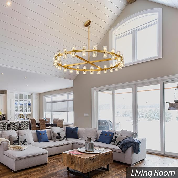 Modern 48 inch Gold Round Chandeliers Light Fixture, Crystal Chandeliers for Dining Room, Living Room Chandelier, Wagon Wheel Chandelier Over Table, Suitable for Bedroom,Foyer,Includes Bulbs
