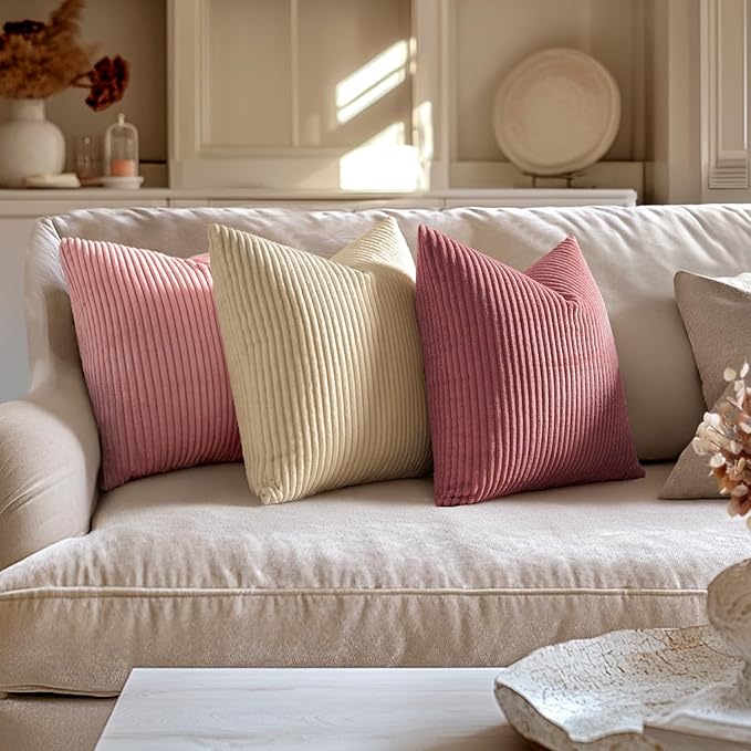 MIULEE Pillow Covers 18x18 Pack of 2 Soft Soild Couch Pillow Covers Decorative Striped Corduroy Throw Pillows for Couch Bed Spring, Beige