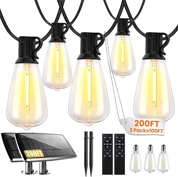 200FT Solar String Lights Outdoor Waterproof, Solar Patio Lights with Remote Control & 60+2 Dimmable ST38 Edison Bulbs Shatterproof,Solar Powered String Lights for Outside Garden Backyard