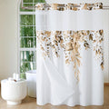 QiyI No Hook Shower Curtain with Snap in Fabric Liner, Brown Eucalyptus Shower Curtain with See Through Top Window, Waterproof Washable Cloth Ringless Shower Curtain Set for Bathroom, 72 x 75