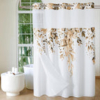 QiyI No Hook Shower Curtain with Snap in Fabric Liner, Brown Eucalyptus Shower Curtain with See Through Top Window, Waterproof Washable Cloth Ringless Shower Curtain Set for Bathroom, 72 x 75
