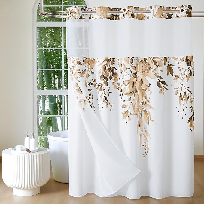 QiyI No Hook Shower Curtain with Snap in Fabric Liner, Brown Eucalyptus Shower Curtain with See Through Top Window, Waterproof Washable Cloth Ringless Shower Curtain Set for Bathroom, 72 x 75