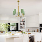 Chandelier, Gold with Muted Green Linen Fabric Shade, Farmhouse Linear Island Lighting Fixture for Kitchen, Dining Room