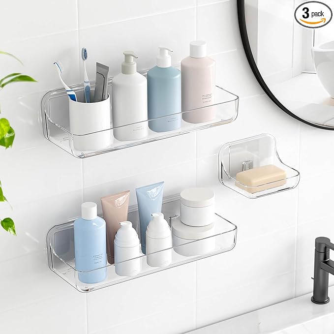 TZAMLI Shower Caddy with Soap Dish, Adhesive Shower Organizer Shelf Plastic Wall Mounted No Drilling Shelves for Bathroom Kitchen Storage (Clear, 3 Pack)