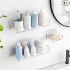 TZAMLI Shower Caddy with Soap Dish, Adhesive Shower Organizer Shelf Plastic Wall Mounted No Drilling Shelves for Bathroom Kitchen Storage (Clear, 3 Pack)