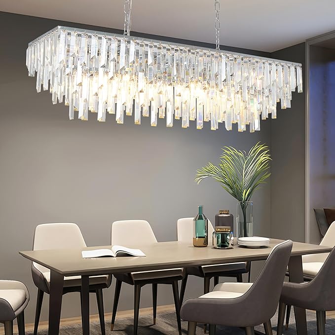 Rectangle Chandeliers for Dining Room, 40" Chrome Modern Top K9 Rectangle Crystal Chandelier 12 Lights Rectangular Adjustable Pendant Ceiling Light Fixture for Dining Room Kitchen Island