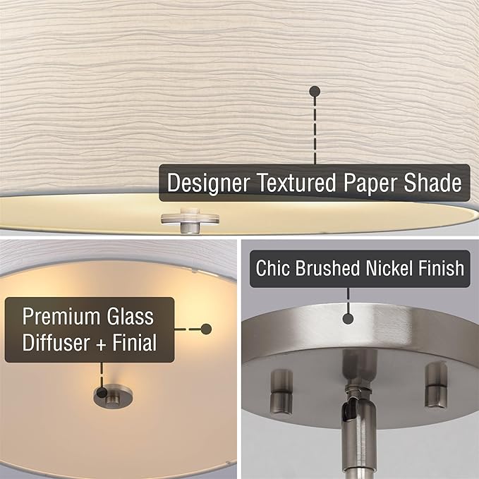 Kira Home Pearl 18" Modern 3-Light Large Drum Pendant Chandelier, White Textured Shade + Glass Diffuser, Adjustable Height, LED Compatible, Brushed Nickel Finish