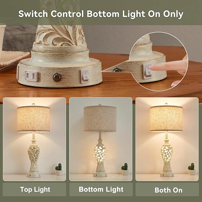 26" Farmhouse Table Lamp - 2 USB A+C 3-Way Dimmable Touch Lamps with Nightlight for Living Room Bedroom Lamp Bedside Nightstand Lamps (Bulb Included)