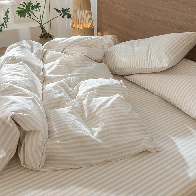 MooMee Striped Duvet Cover Set 100% Washed Cotton Linen Like Textured Breathable Durable Soft Comfy (Almond Milk Grey Classic Stripes, Super King Plus 120"x120")