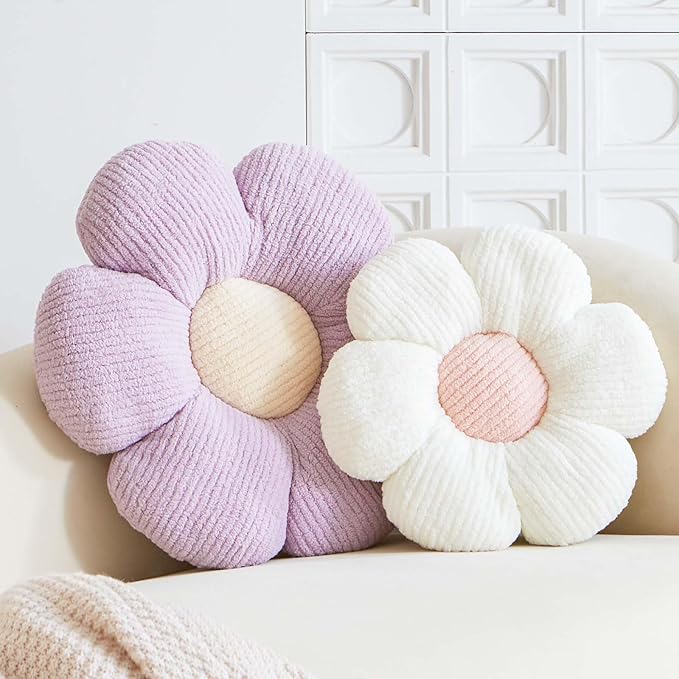 Dusty Pink Flower Decorative Throw Pillows, Cute Daisy Shaped Plush Aesthetic Pillow, Soft 14.9" Floor Seat Cushion