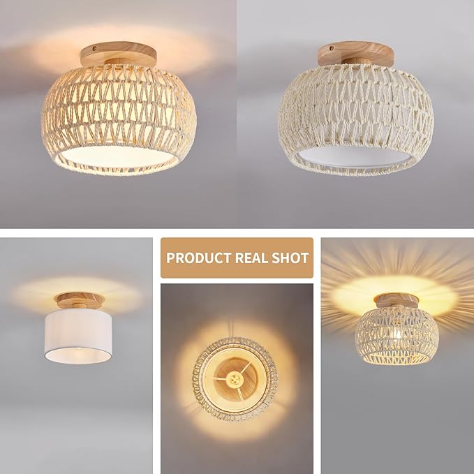Boho Rattan Ceiling Light Fixture - 3 Style Options Wicker Semi Flush Mount Ceiling Lights,White Coastal Light Fixtures,Bohemian Woven Basket Chandelier for Hallway Bedroom Nursery Kitchen Laundry