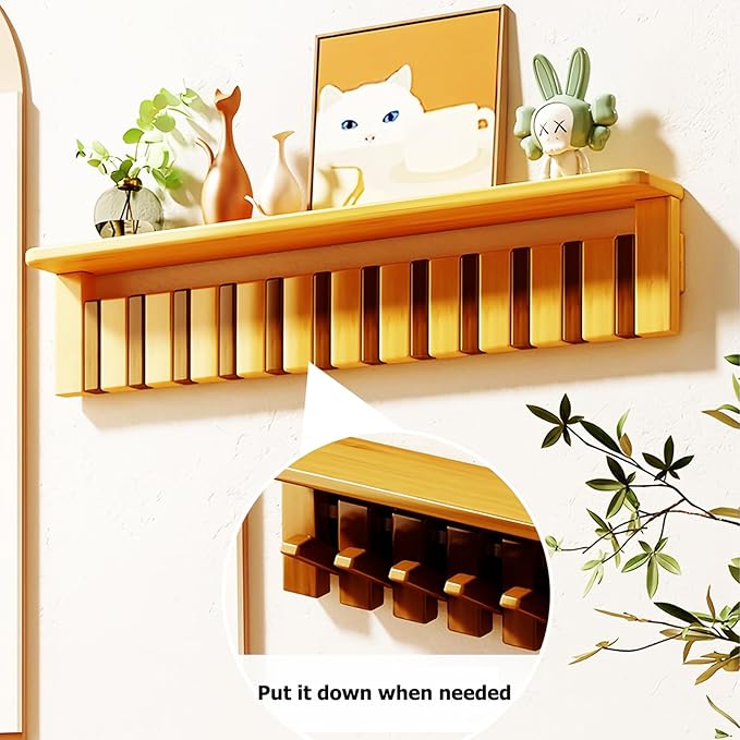 Wall Mounted Piano Key Hanger | Flip Style Hook | Entrance Wall Art Hook, Made of Oak Wood (3 Times Painted, 4 Times Polished) (Tray Walnut-Beech, 10Hooks)