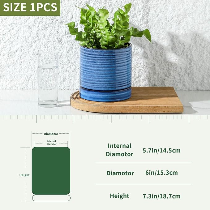 Hasense Ceramic Plant Pots Indoor Outdoor, 6 Inch Pot for Plants with Drainage Hole and Saucer, Blue Modern Planter for Housewarming