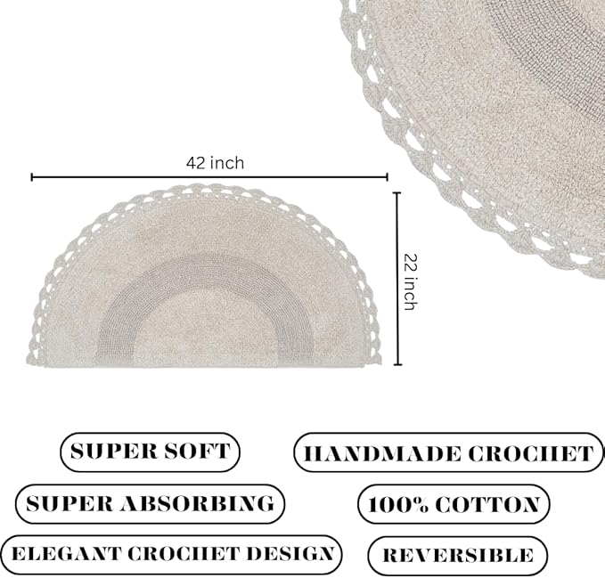 Savi Home Half Circle Bohemian Bathroom Rug with Handwoven Chrochet Border, Beautifully Handcrafted 100% Cotton Mat - 22x42, Round Boho Bedroom Rug, Boho Bathroom Décor, Machine Washable - Linen