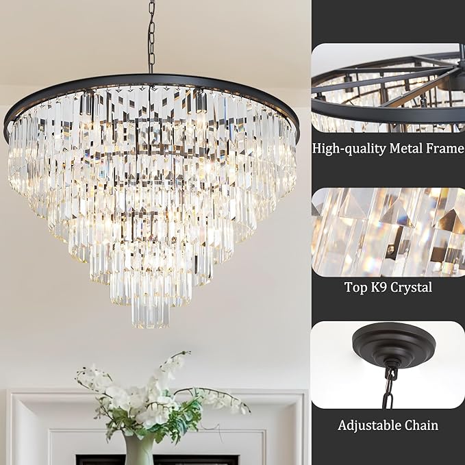 Large Crystal Chandeliers for High Ceiling, 7-Tier Modern Black Top K9 Dining Room Chandelier 17 Lights Luxury Round Ceiling Pendant Light Fixture for Living Room Entryway Staircase Foyer