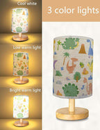 Dinosaur Lamp, Dinosaur Room Decor for Boys, 3 Level Dimmable Wood Nightstand Desk Base Flaxen Fabric Shade for Bedroom Living Room, Dino Gifts for Boys