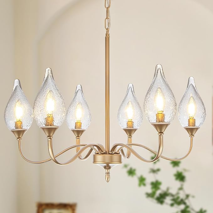 6-Light Farmhouse Brass Gold vintage Chandelier 23.6 Inch - Rustic Industrial Iron Candle Hanging with Clear Glass Shades - Dining Room Lighting Fixture for Hallway, Living Room, Foyer, Kitchen Island