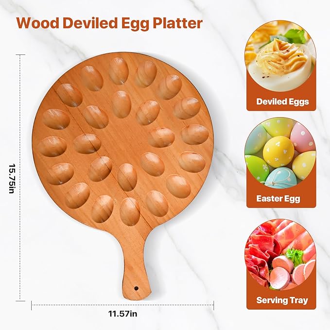 RERUICO Wood Deviled Egg Platter with Handles, 24 Holes Deviled Egg Serving Tray, Round Reversible Carrier for Kitchen Countertop,Easter Christmas,Thanksgiving