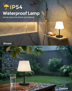 Outdoor Battery Operated Table Lamp, IP54 Waterproof Shower Lamp, 4000mAh Rechargeable Cordless Lamp, 3 Color Temperatures Dimmable, Small Touch Table Lamp for Bedroom, Patio, Camping, Restaurant