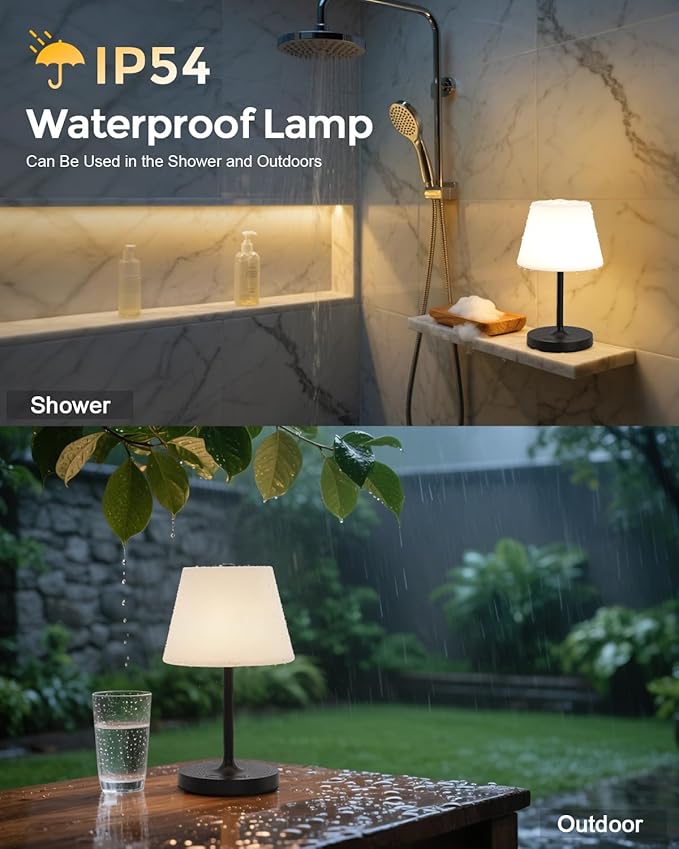 Outdoor Battery Operated Table Lamp, IP54 Waterproof Shower Lamp, 4000mAh Rechargeable Cordless Lamp, 3 Color Temperatures Dimmable, Small Touch Table Lamp for Bedroom, Patio, Camping, Restaurant