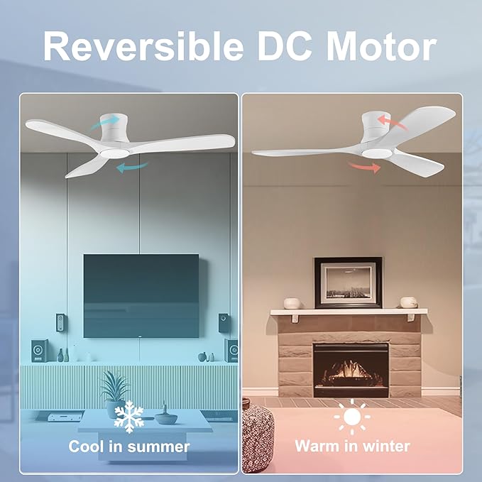 52in Smart Low Profile Ceiling Fans with Lights Remote,Quiet DC Motor,Outdoor Indoor Flush Mount Ceiling Fan,Control with WIFI Alexa App,Dimmable,6-speed,3 White Wood blades,for Modern Bedroom Patio