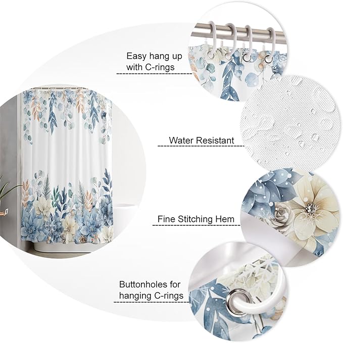 Vandarllin Blue Christmas Poinsettia Shower Curtain, Winter Eucalyptus Leaves Shower Curtains Set with Hooks, Waterproof Fabric Bathroom Curtains Decor Home Accessories,72 X 78 Inch Long