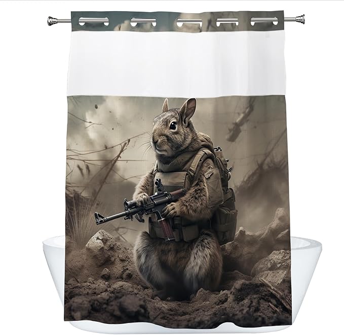 Cute Squirrel Shower Curtain Abstract Anime Theme Shower Curtain with Snap in Fabric Liner Set, Detachable Liner, See Through Mesh Top Window, Waterproof Washable 72" W x 74" H