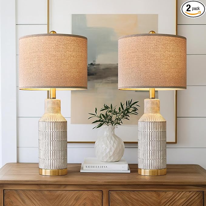 25" Table Lamps Set of 2 - Modern Bedside Lamps for Living Room - White Washed Ceramic Nightstand Lamps for Bedroom